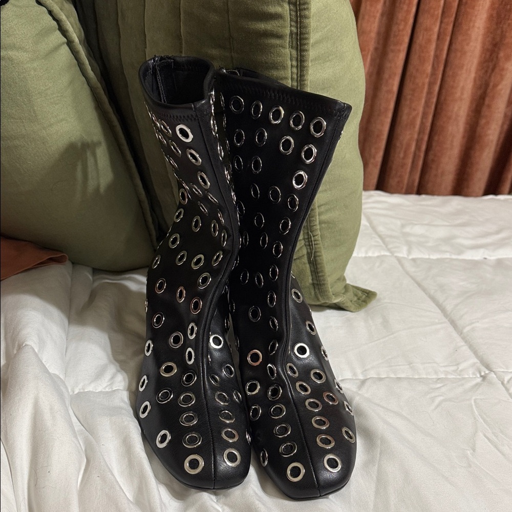 Zara Black Metal Grommet Heeled Ankle Boots. - Picture 2 of 8
